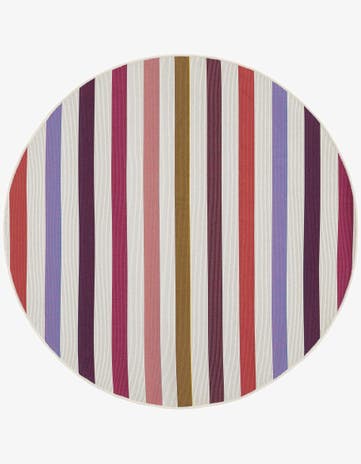 White Easy-Clean Striped Indoor / Outdoor Round Rug