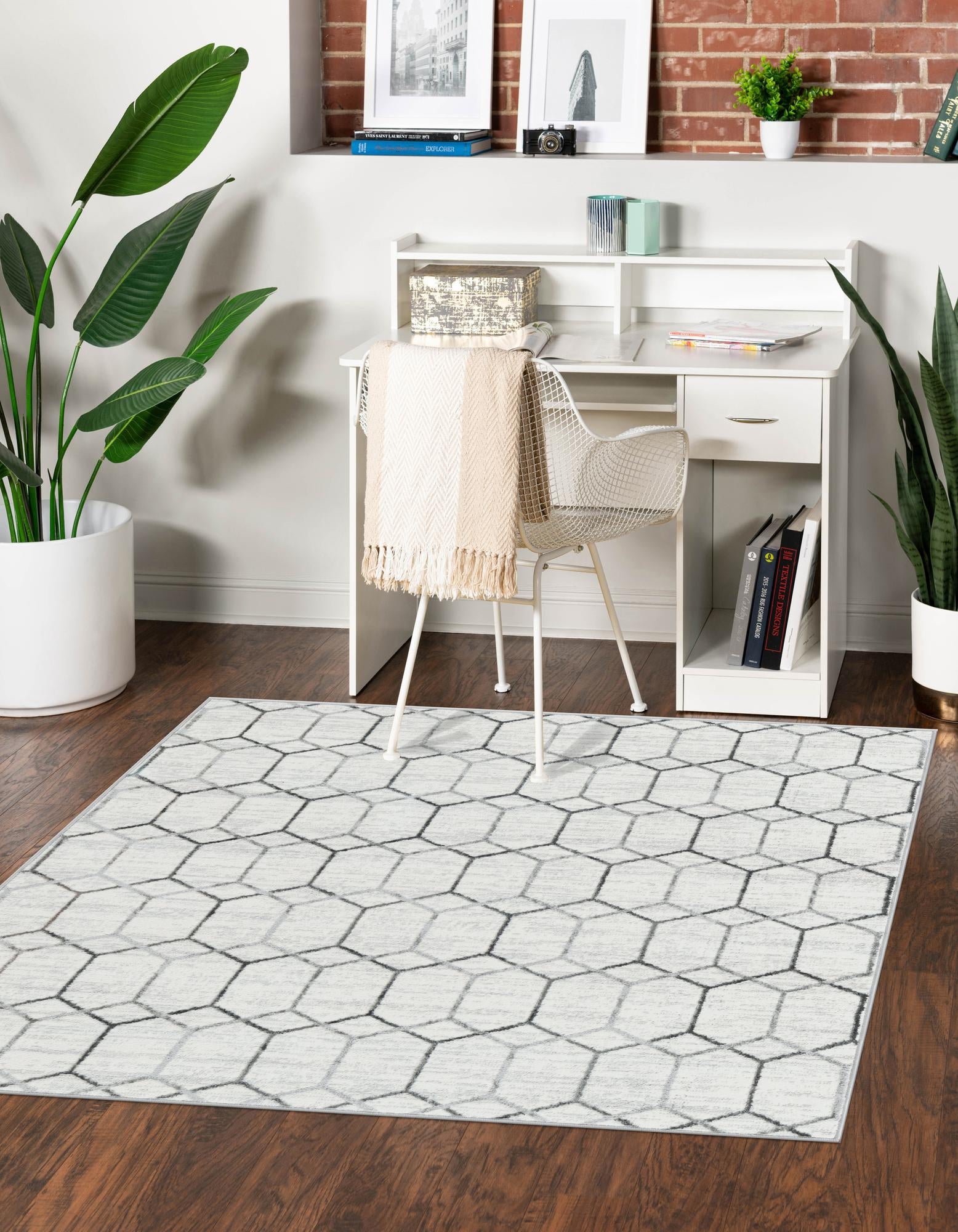 White Lattice Trellis Square Rug
