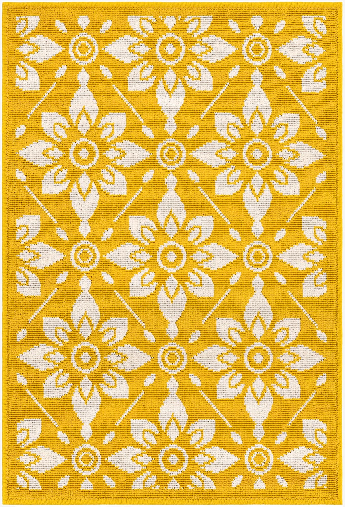 A 2x3 rectangular yellow and white modern floral rug with a flatweave texture, suitable for indoor or outdoor use.