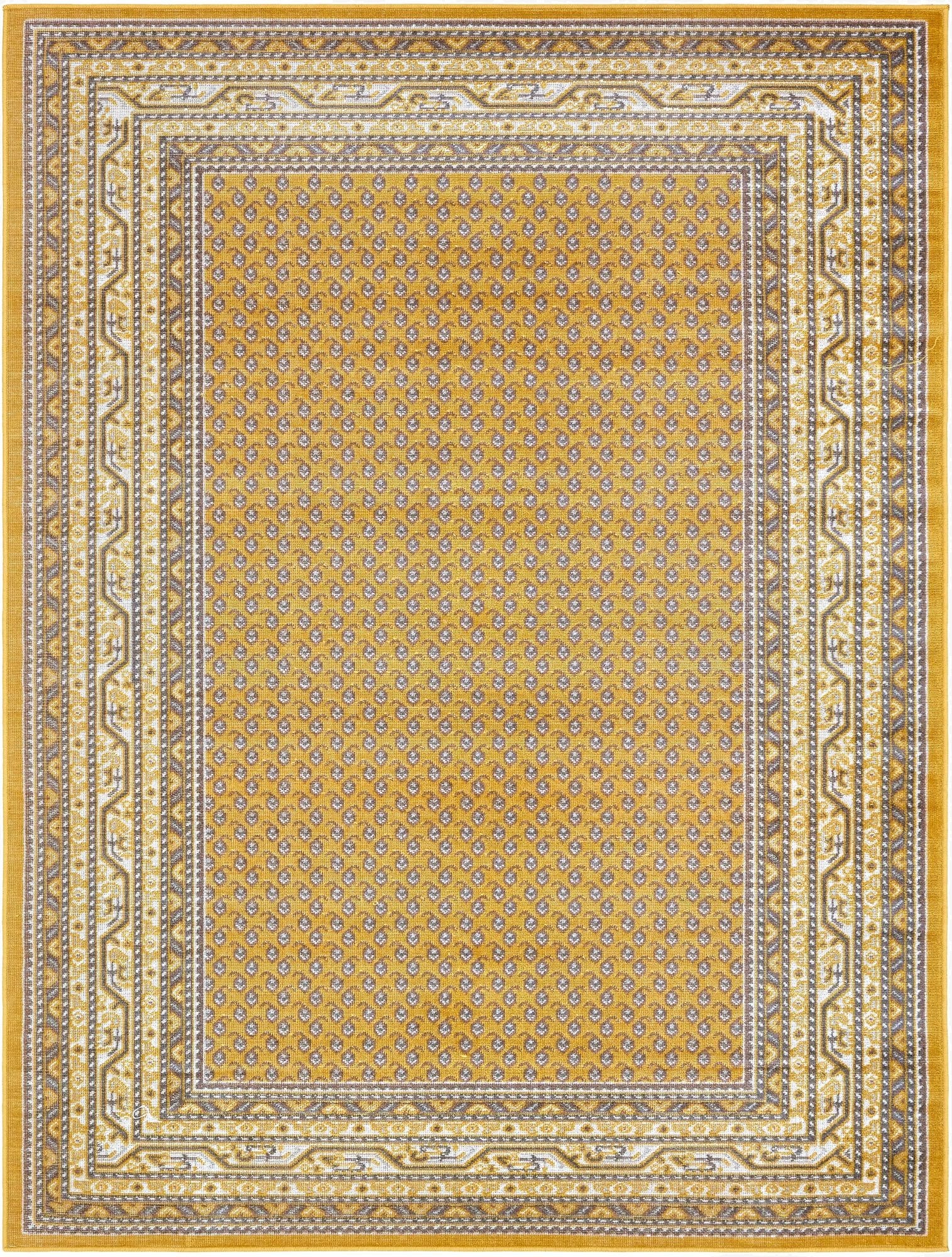A 9x12 rectangular Southwestern rug in shades of yellow and gold, featuring a traditional tribal pattern and border.