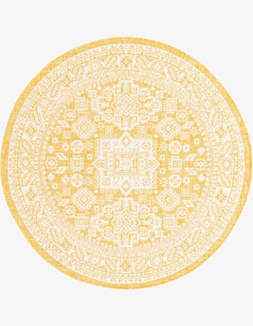 Yellow Easy-Clean Aztec Indoor / Outdoor Round Rug