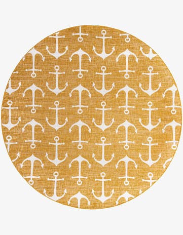 Yellow Easy-Clean Coastal Indoor / Outdoor Round Rug