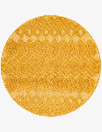 Yellow Easy-Clean Trellis Textured Indoor / Outdoor Round Rug