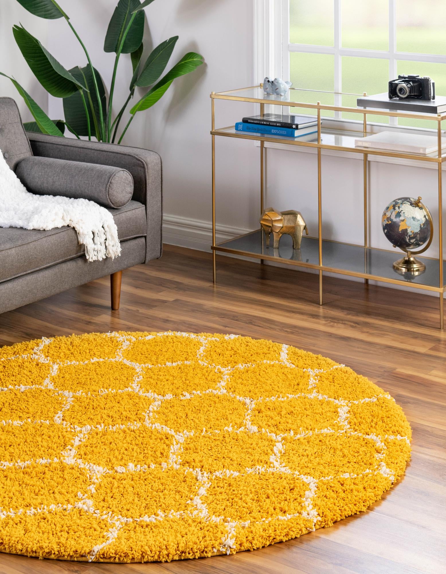 Yellow Trellis Shag Round Rug